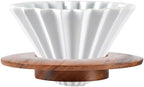 Ceramic Coffee Dripper Pour Over Coffee Maker with Wood Stand Elegant Flower Shape V60 Filter (white)