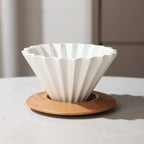 Ceramic Coffee Dripper Pour Over Coffee Maker with Wood Stand Elegant Flower Shape V60 Filter (black)