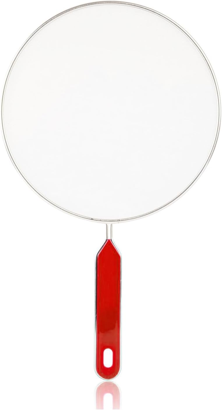 Splatter Screen for Frying Pan, Grease Splatter Guard, Stainless Steel Splatter Guards for Frying with Long Handle, Kitchen Oil Splash Guard Cooking Shield, Fine Mesh Strainer (Red, 10 inch)