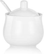 Ceramic Sugar Bowl with Lid and Spoon, White Porcelain Sugar Salt Pepper Storage Jar, 8 Ounces