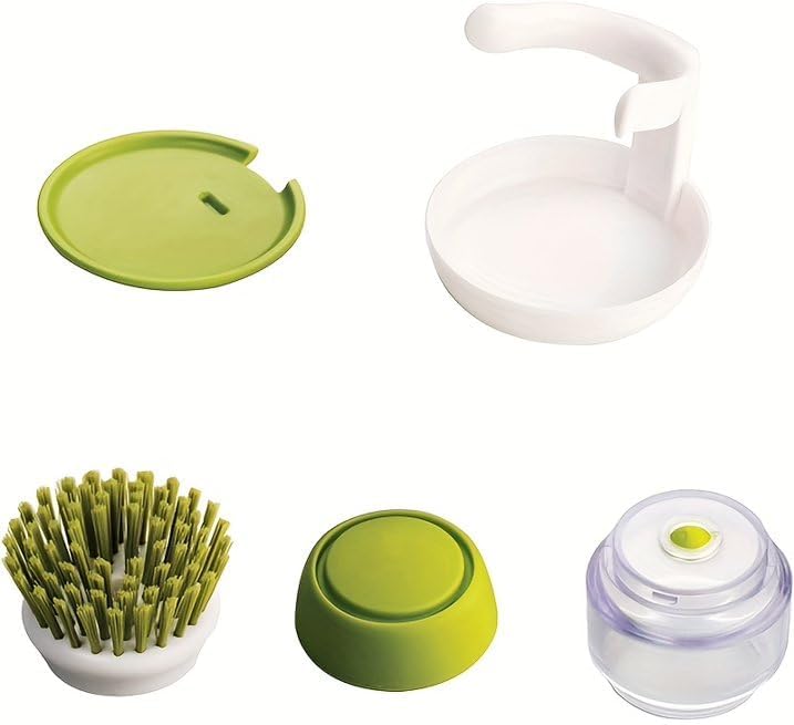 Soap Dispenser Palm Dish Brush with Storage Bracket – Drainage Base, Easy-to-Clean Kitchen Utensil Cleaner | Includes Extra Soft Bristle Brush (Gray&Green)