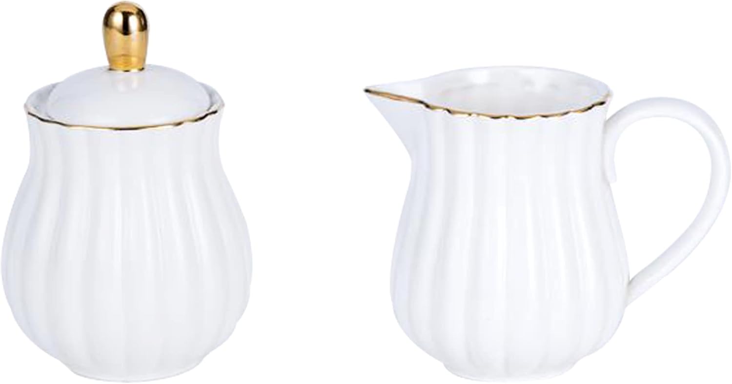 Jusalpha Fine China Pink Teapot and Creamer Sugar Bowl Set, TW (White)