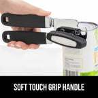 GORILLA GRIP Heavy Duty Stainless Steel Smooth Edge Manual Can Opener and Bottle Openers, Soft Comfortable Handle, Oversized Handheld Turn Knob, US Designed Multifunctional Kitchen Tool, Black