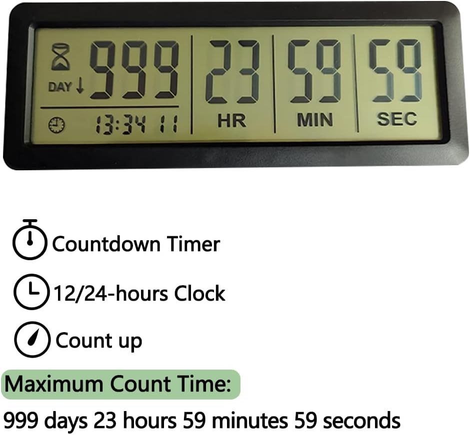 FCXJTU Digital Countdown Days Timer - Black Upgraded Big 999 Days Count Down Clock with Bracket Strong Magnetic Back for Retirement Wedding Vacation Birthday Holidays (999Day)