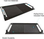 COVERCOOK Griddle Pan, Cast Iron Grill Hot Plate, Rectangular Grill, 2 handles with Flat and Ridged Surface for Induction Electric Cooktop，16.7 x 9.1inch