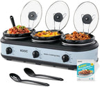 KOOC Triple Slow Cooker Buffet Server and Food Warmer 3x1.5 Quart Individual Temp Control With Lid Rests & Spoons With Liners Included Blue Grey
