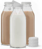 JoyJolt Glass Milk Bottles with Lids and Pourer – 32 Oz, 3 Pack Airtight Heavy Duty Reusable Glass Bottles, Leakproof, BPA-Free, Food Grade, Dishwasher Safe Jug, Pitcher for Milk, Juice, and Water
