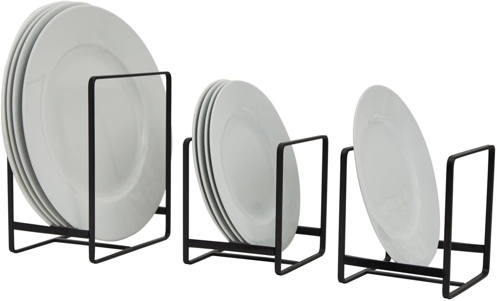 Juvale 3-Piece Kitchen Cabinet Organizer Shelf - Black Iron, 2 Sizes for 8" & 10" Plates - Cutting Board Organizer, Pot Lid & Paper Plate Holder