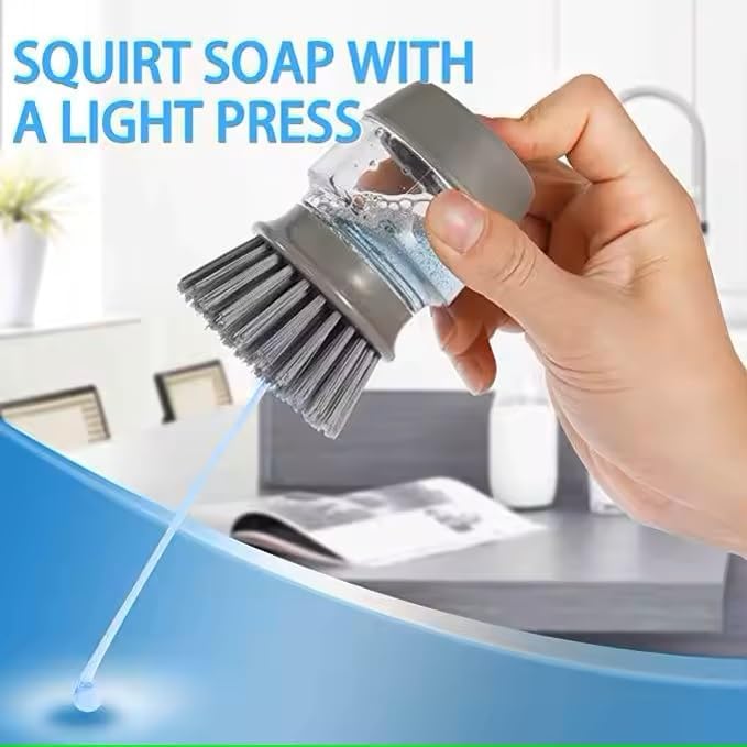 Soap Dispenser Palm Dish Brush with Storage Bracket – Drainage Base, Easy-to-Clean Kitchen Utensil Cleaner | Includes Extra Soft Bristle Brush Head (Gray)