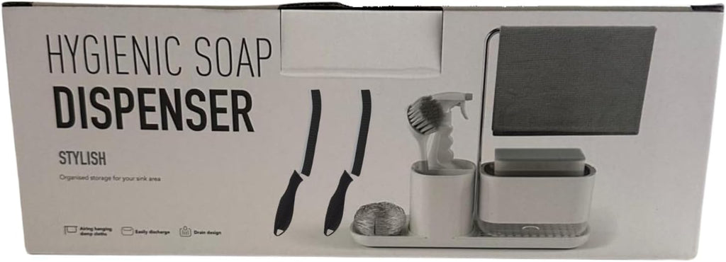 Kitchen Soap Dispenser Set with Sink Caddy-Hand and Dish Soap Dispenser with Sponge,Crevice Cleaning Brush,stailess Steel Scrubber, Sponge and discloth Holder 5-in-1 Organizer Set (White)