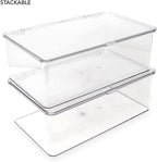 Isaac Jacobs Medium Stackable Organizer Bin (10.75”x6.5”x3.7”) w/ Hinged Lid, Clear Storage Box, Home, Office, School, Fridge, Bathroom, Kitchen, Pantry Container, BPA-Free, Food Safe (Medium, Clear)