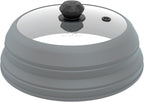 Microwave Splatter Cover Vented Glass Splatter Guard Lid with Collapsible Silicone for Food as Pot Cover Plate 9.8 inch Light Grey