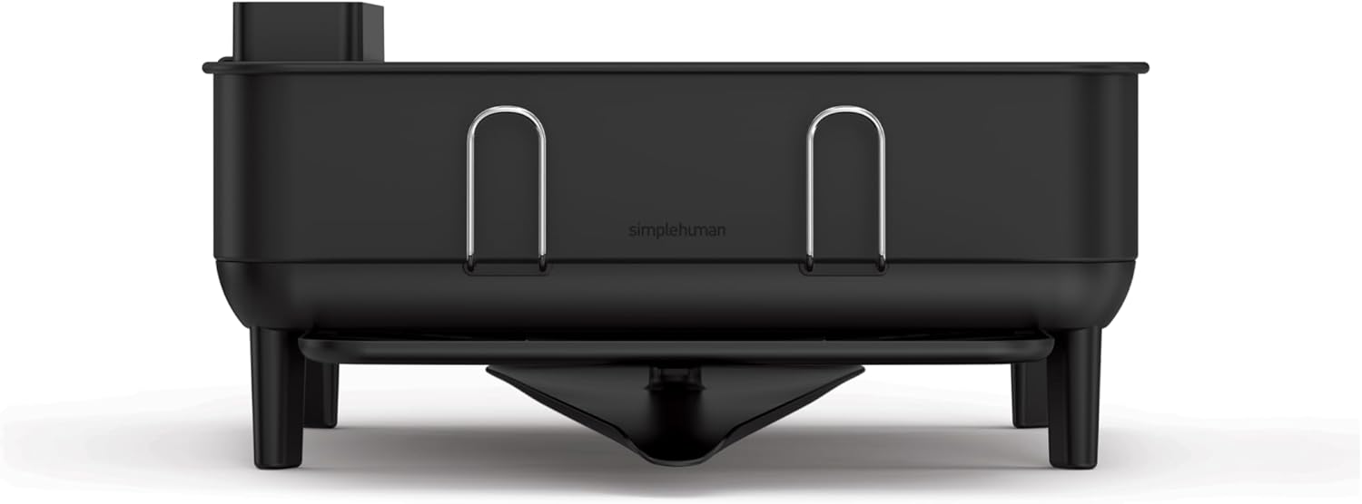 simplehuman Compact Dish Drying Rack with Stainless Steel Frame, 360º Easy Drain Swivel Spout, Utensil Holder, Anti-Residue Coating, Moisture Control Surface, Matte Black