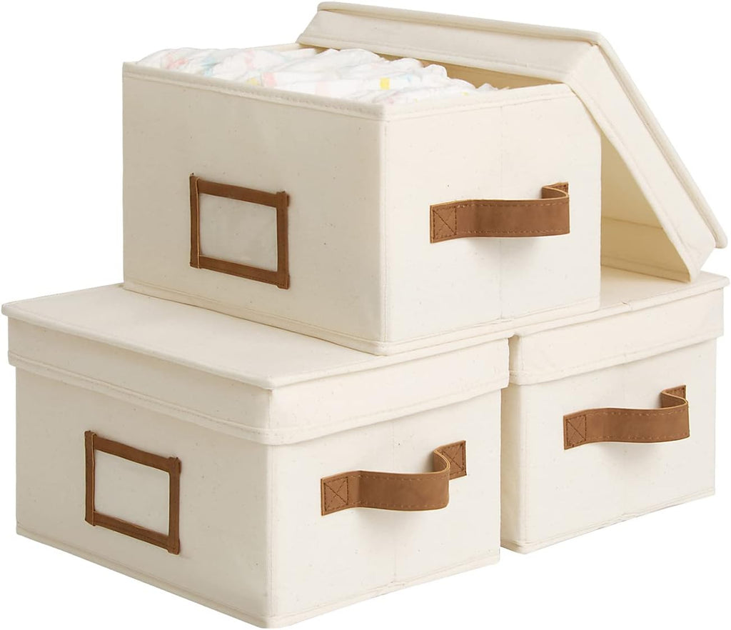 StorageWorks Storage Bins with Lids, Decorative Storage Boxes with Lid and PU Handles, Foldable Storage Baskets for Closet, Shelves, Stackable, Ivory White, Medium, 3-Pack