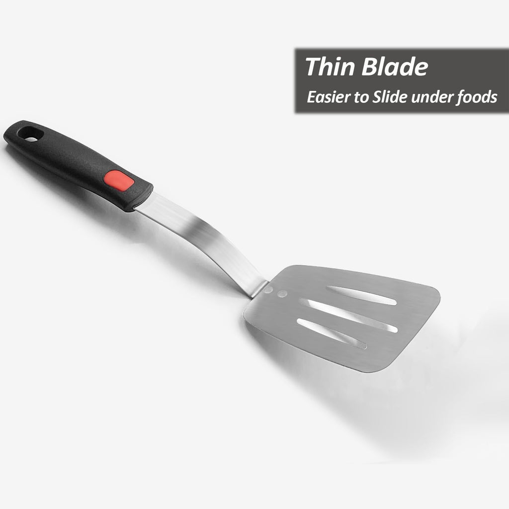 Stainless Steel Spatula, Flexible Metal Slotted Turner for Cast Iron Skillet, Thin Blade and Heat Resistant Silicone Handle, Great for Egg, Cookie, Meat, Crep, Medium