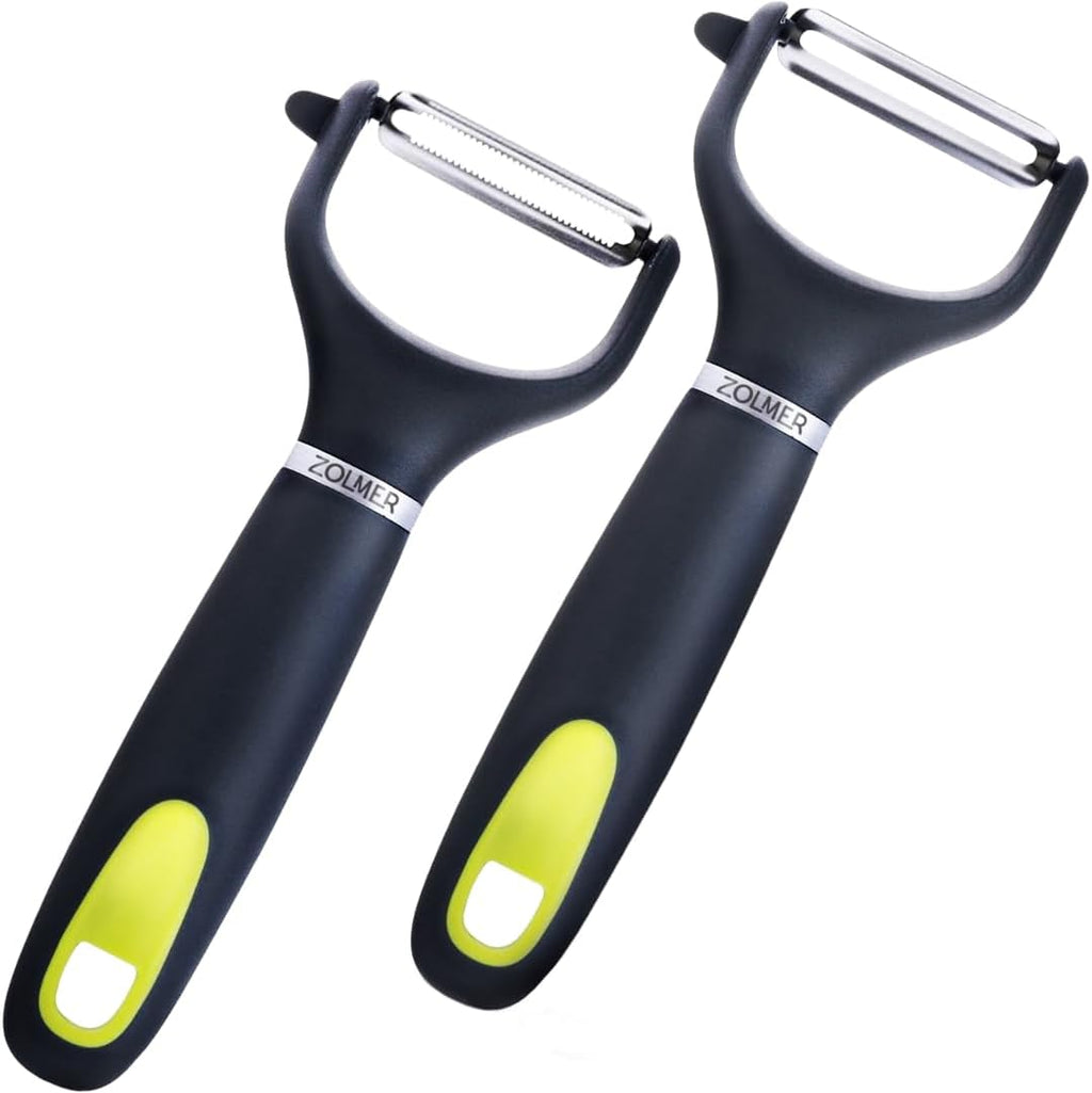 ZOLMER® Premium Y Peelers for kitchen with Smooth and Serrated Blades 2 Set - Extra Sharp Vegetable Peelers with Ergonomic Handle - Dishwasher Safe - Potato peelers, Fruit peeler and more