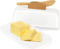 Butter Dish with Lid and Knife Ceramic Butter Holder for Counter Humanized Clamp-able Knife Handle Design, Perfect for East West Coast Butter, White