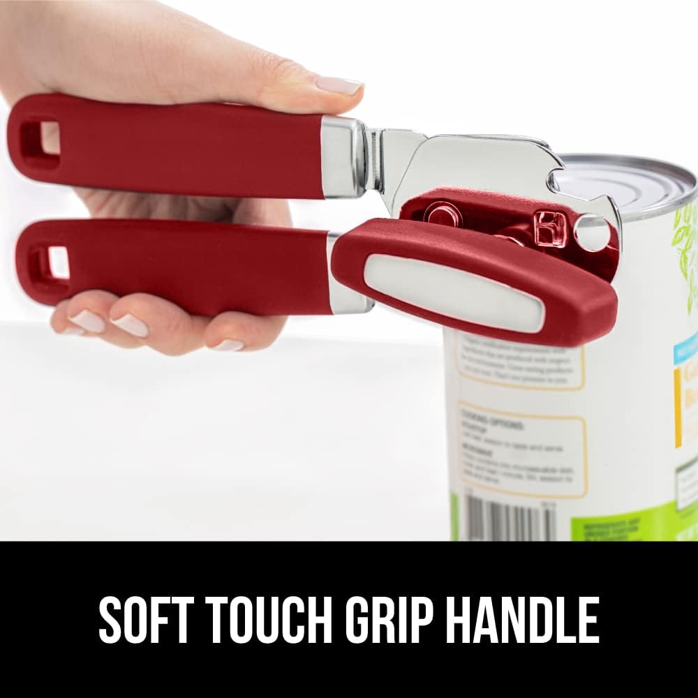 GORILLA GRIP Heavy Duty Stainless Steel Smooth Edge Manual Can Opener and Bottle Openers, Soft Comfortable Handle, Oversized Handheld Turn Knob, US Designed Multifunctional Kitchen Tool, Red