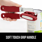 GORILLA GRIP Heavy Duty Stainless Steel Smooth Edge Manual Can Opener and Bottle Openers, Soft Comfortable Handle, Oversized Handheld Turn Knob, US Designed Multifunctional Kitchen Tool, Red