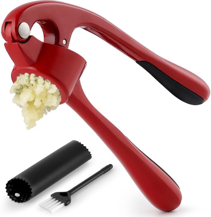 Zulay Kitchen Premium Garlic Press Set - Rust Proof & Dishwasher Safe Professional Garlic Mincer Tool - Easy-Squeeze, Easy-Clean with Soft, Ergonomic Handle - Silicone Garlic Peeler & Brush (Red)