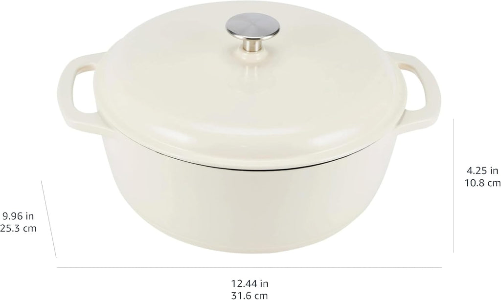Amazon Basics Cast Iron Dutch Oven Pot with Lid, Enameled, Round, Dual Handles, Heavy-Duty, Small, 4.3-Quart, White