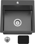 Black 18x18 In Drop In Kitchen And Bar Sink- Stainless Steel Single Bowl Kitchen Sink Modern Topmount Bar Sink With Silicon Mat,Drain Strainer Set Compatibility With Various Kitchen & Bar Style