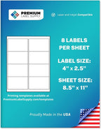 Premium Label Supply White Sticker Shipping/Mailing Labels – 4" x 2.5" – Laser/Inkjet Compatible – (8 per Sheet), 500 Sheets – 4,000 Total Adhesive Labels