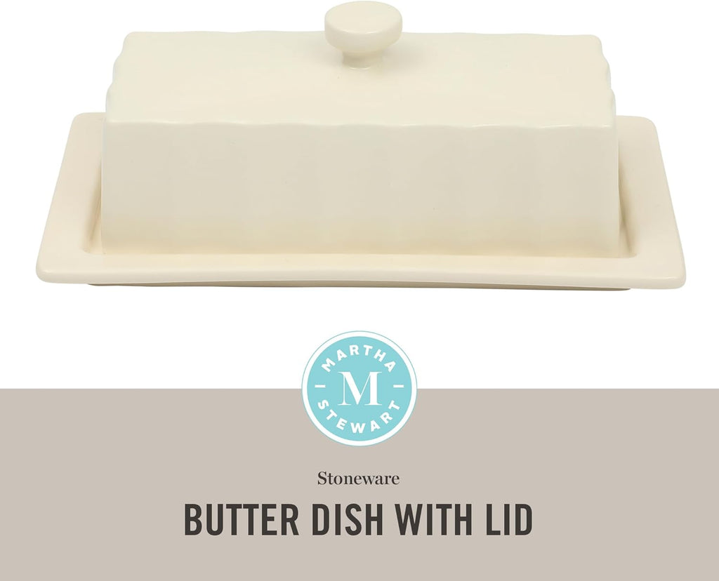 Martha Stewart Broadbrook Stoneware Butter Dish with Lid, Rectangular Covered Butter Keeper, 8.1 x 4.4 x 3 Inches, Classic Cream Glaze, Dishwasher Safe Ceramic Storage for Counter or Table