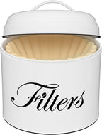 Coffee Filter Holder, White Basket Coffee Filter Storage with Lid, Round Coffee Filter Container for Counter, Rustic Farmhouse Coffee Bar Accessories Decor (White)