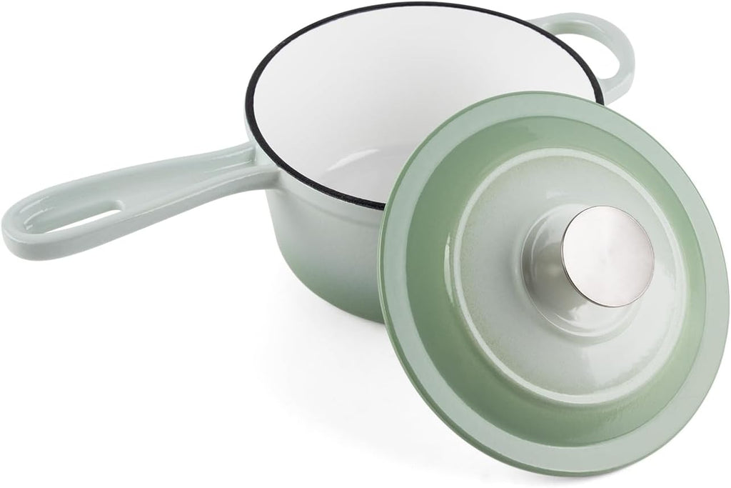 Enameled Cast Iron Sauce Pan, 1.6 Quarts Round Sauce Pot with Lid, Min Dutch Oven Enamel Saucepan for Cooking Pasta Sauce, Gravy, Puddings & Boiling, Gradient Green
