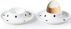 Cinf Ceramic White Egg Holder Set of 2 Porcelain Holder Breakfast Boiled Cooking Easy to Clean Childhood Memories Kitchen（Blue Dot)