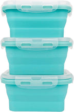 CCyanzi 3piece Collapsible Food Storage Containers with Lids, Silicone Lunch Container, Microwave & Freezer Safe, Space Saving for Kitchen Cabinet and Camping Backpack,(blue)