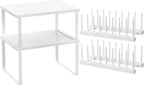 Marsui 4 Pcs Kitchen Organizer Accessories Set Cabinet Organizer Shelf and Bamboo Dish Drying Plate Rack Counter Shelves Storage Holder for Spice Rack, Dish, Pot Lid, Bowl, Cup (White)