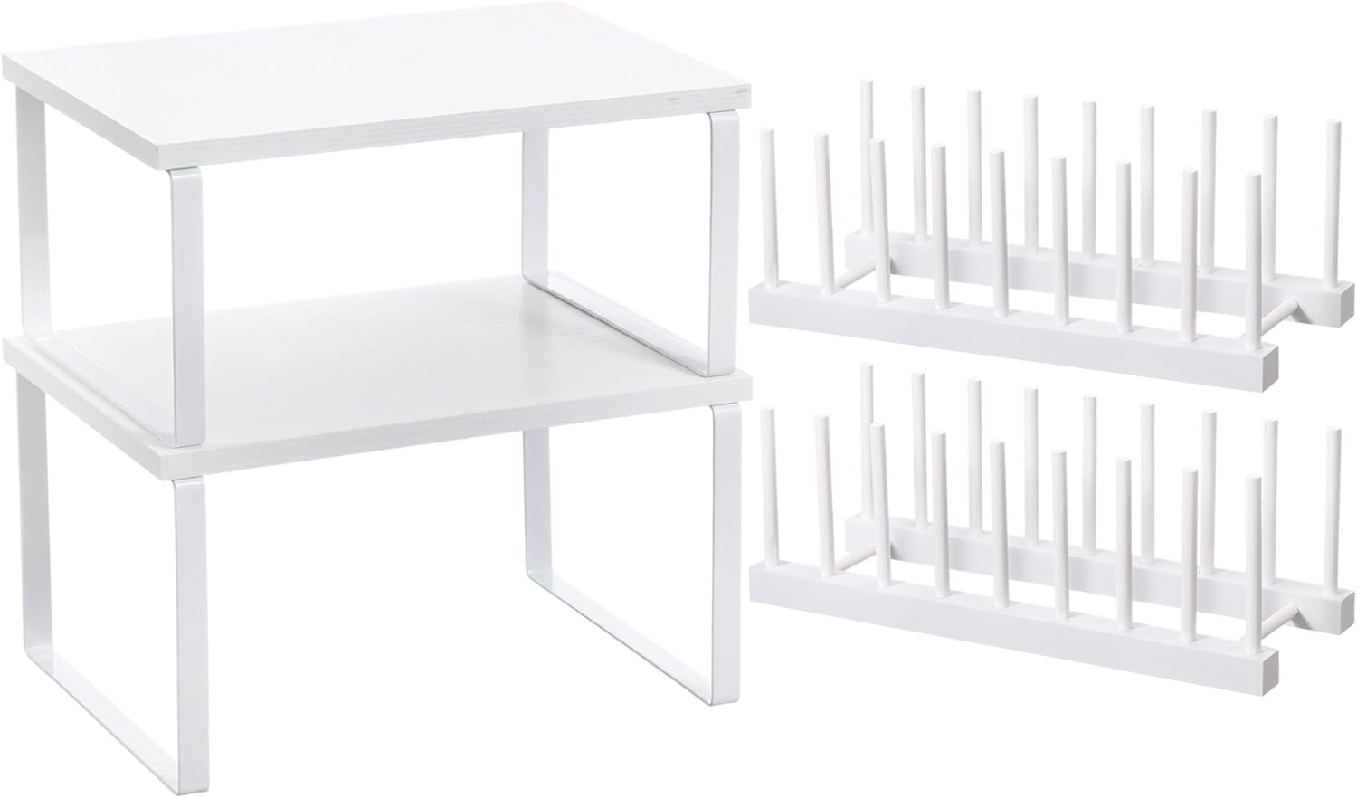 Marsui 4 Pcs Kitchen Organizer Accessories Set Cabinet Organizer Shelf and Bamboo Dish Drying Plate Rack Counter Shelves Storage Holder for Spice Rack, Dish, Pot Lid, Bowl, Cup (White)