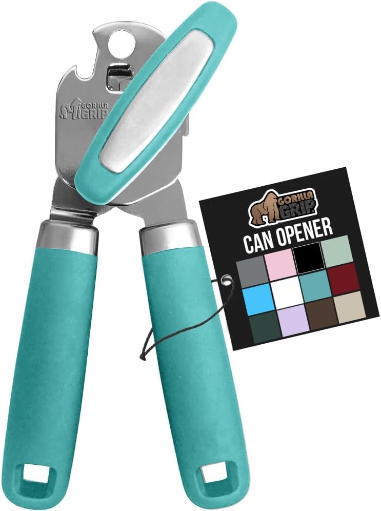 GORILLA GRIP Heavy Duty Stainless Steel Smooth Edge Manual Can Opener and Bottle Openers, Soft Comfortable Handle, Oversized Handheld Turn Knob, US Designed Multifunctional Kitchen Tool, Turquoise