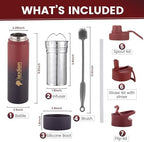 Lexlion 22 Oz Triple Walled Insulated Stainless Steel Fruit Infuser Water Bottle, 3 Lids, Silicone Sleeve, Leakproof, Dishwasher Safe
