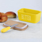 Ceramic Butter Dish with Wooden Lid, Large Butters Container Keeper Storage with Stainless Steel Knife Spreader, Bamboo Cover and Silicone Sealing Ring for West East Coast, Yellow
