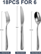 Stainless Steel 18PCS Dinner Set combo with 6 Dinner Knives, 6 Dinner Forks, 6 Dinner Spoons，Silverware Set for Home, Kitchen and Restaurant, Mirror Polished& Dishwasher Safe
