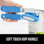 GORILLA GRIP Heavy Duty Stainless Steel Smooth Edge Manual Can Opener and Bottle Openers, Soft Comfortable Handle, Oversized Handheld Turn Knob, US Designed Multifunctional Kitchen Tool, Aqua