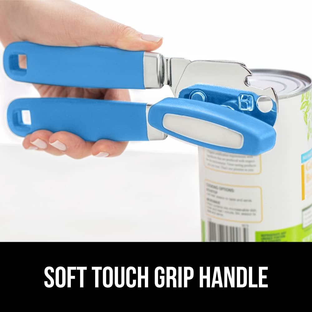 GORILLA GRIP Heavy Duty Stainless Steel Smooth Edge Manual Can Opener and Bottle Openers, Soft Comfortable Handle, Oversized Handheld Turn Knob, US Designed Multifunctional Kitchen Tool, Aqua