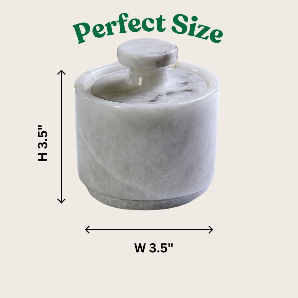 White Marble Salt Cellar with Lid| 3.2 Inch Elegant Kitchen Condiment Keeper| Decorative Salt Holder| Salt Cellar Marble| Salt, Sugar, Spices Container,Salt Bowl