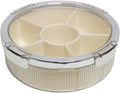 Snackle Box Container, Round Divided Serving Tray with lid 6parts for Veggie, Candy and Nuts Organizer for Travel, Party and Picnic (Cream/Silver)