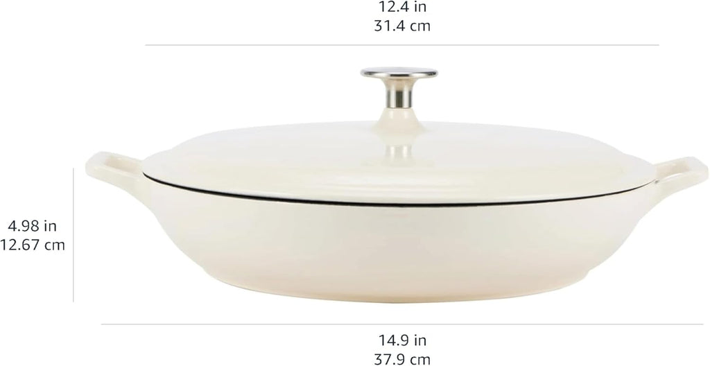 Amazon Basics Enameled Cast Iron Covered Round Casserole Skillet with Lid for Oven, 3.3-Quart, White