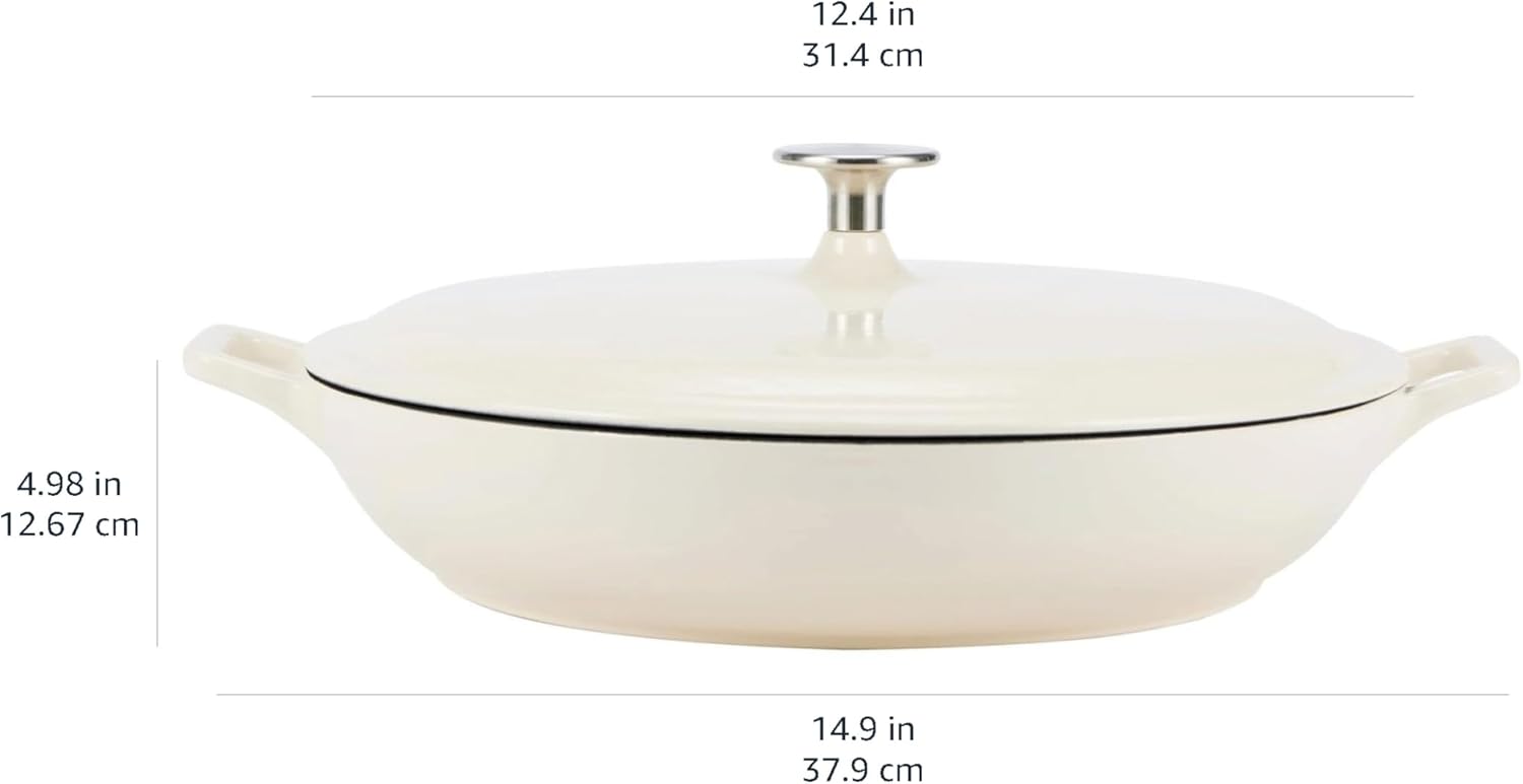Amazon Basics Enameled Cast Iron Covered Round Casserole Skillet with Lid for Oven, 3.3-Quart, White