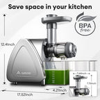 Juicer Machine, Aobosi Slow Masticating Juicers, Cold Press Juicer Machines with Reverse Function, Quiet Motor, High Juice Yield with Juice Jug & Brush for Cleaning (Gray)