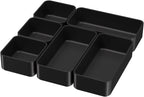 6 Pcs Stackable Drawer Organizer Set Desk Drawer Dividers, Bathroom Vanity Cosmetic Makeup Trays , Multipurpose Plastic Storage Bins for Jewelries, Kitchen Gadgets and Office Accessories, Black