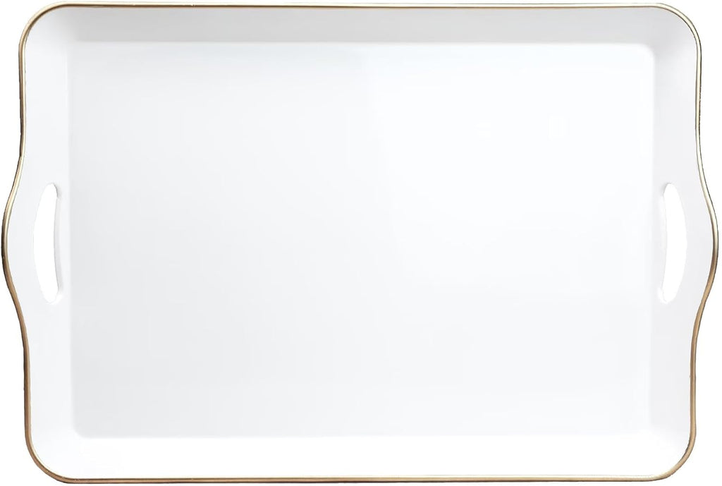 Spsyrine White Decorative Serving Tray with Handles, Elegant Plastic Coffee Table Tray for Ottoman, Living Room, Home Decor