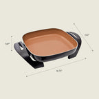 BELLA Electric Skillet and Frying Pan with Glass Lid, Nonstick Coating, Cool Touch Handles, Removable Heating Probe, Dishwasher Safe, 12 x 12 inch, Copper