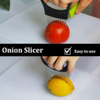 2 Pcs Onion Slicer holder, Premium Vegetable Slicing Tool for Potato and Tomato, Food Cutter Assistant Tool for Slicing Fruit Lemon and Meat, Stainless Steel Kitchen Tool (Black)