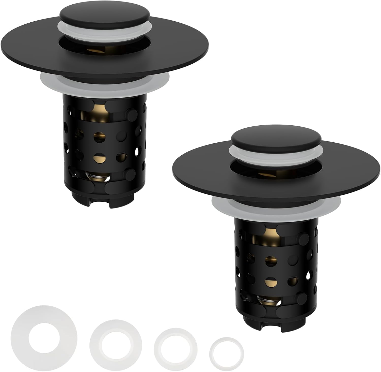 Universal Bathroom Sink Stopper Hair Catcher Upgraded with 2-Layer Detachable Filter Basket, 4 in 1 Pop Up Drain Strainer, Anti-Clog, Odor-Block, Fit for 1.1''~2.36'' Sinks, 2PCS, Matteblack